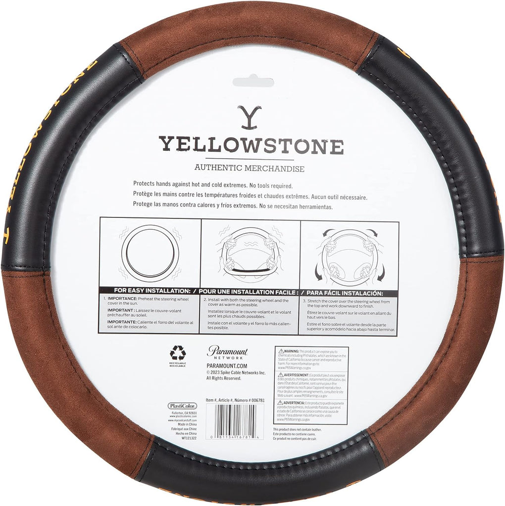 Plasticolor 006781R01 Yellowstone Logo Suede Leather Brown and Black Steering Wheel Cover