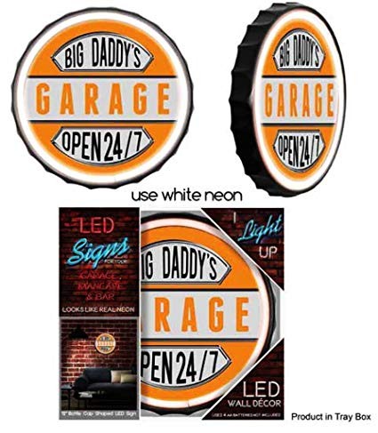 Big Daddy's Garage Open 24/7 Round White LED Neon Rope Sign