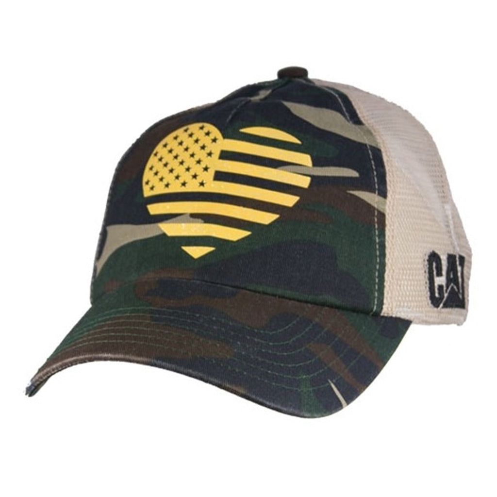 CAT Caterpillar Camo Front w/Gold Heart Flag Khaki Mesh back Army Camouflage New