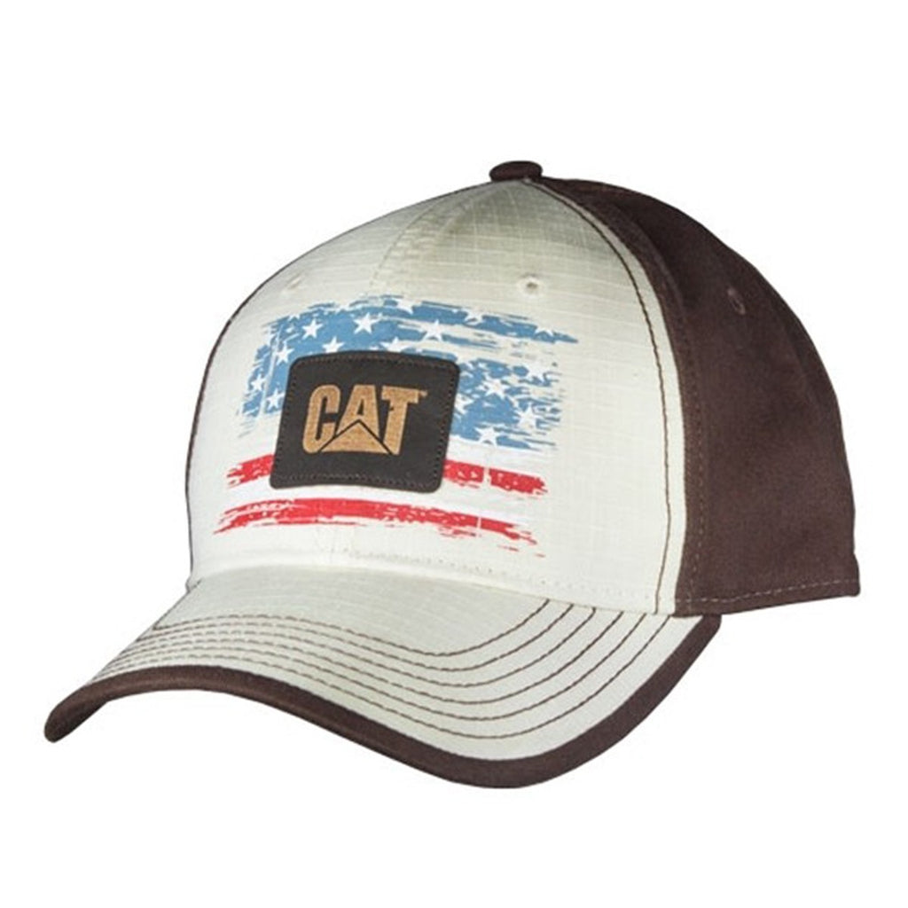 CAT Caterpillar Equipment Old Glory Cap Tan Front Brown Back American Flag Hat