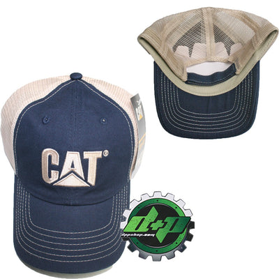 CAT logo Caterpillar Blue Truck hat navy cream mesh back trucker diesel gear