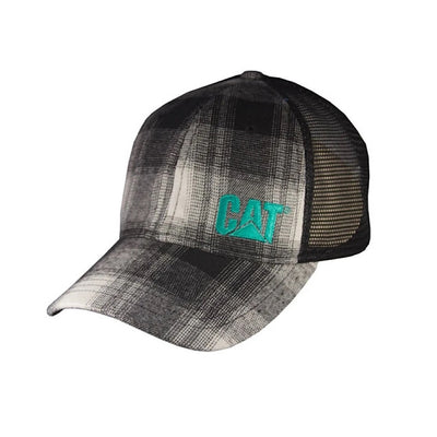 Caterpillar Black Buffalo Plaid Flannel Hat with Black Mesh Teal CAT Logo Cap