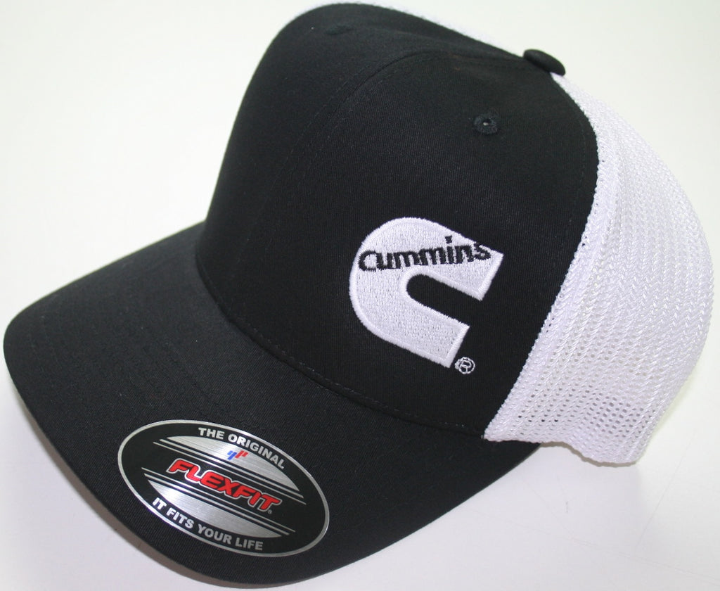 Cummins fitted flexfit flex fit white/black summer mesh truckers hat cap dodge truck